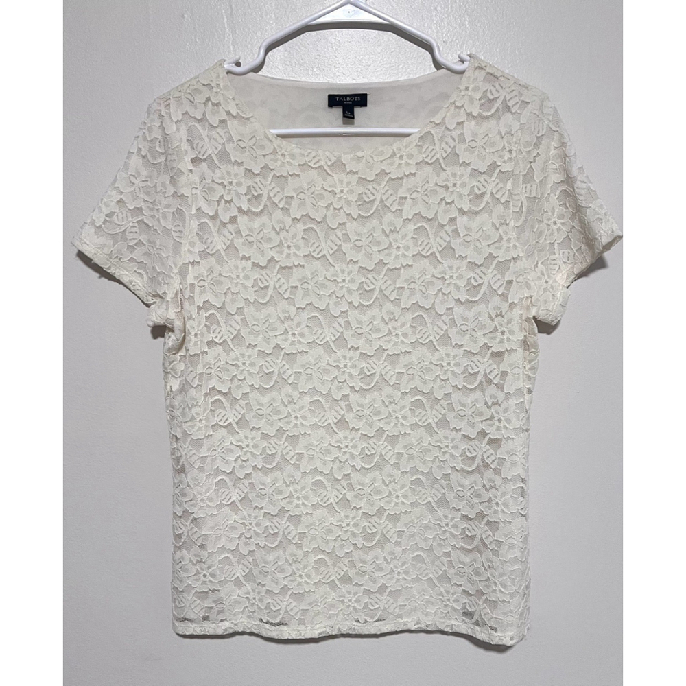 Talbots Lace Top Women’s Large Petite Ivory Stretch Lined Classic Cottagecore